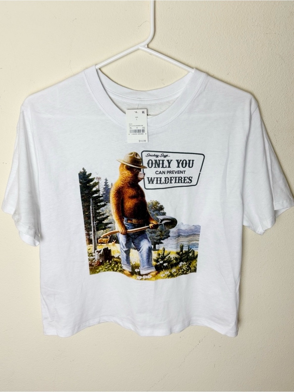Mighty Fine White Smokey Bear Graphic Crop Top